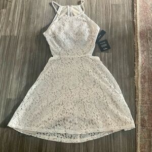 LULUS LACE & CREAM FIT AND FLARE SKATER DRESS